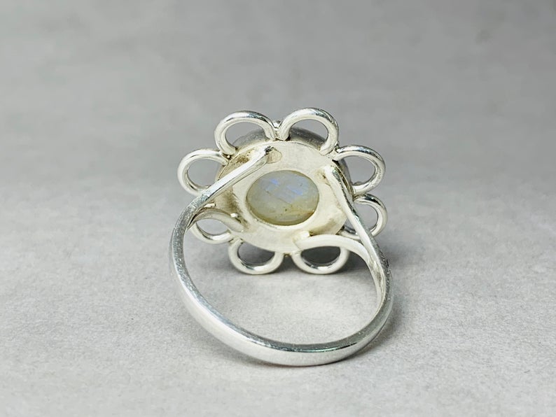 Blauer Feuer runder Mondsteinring 925er Sterlingsilber Geschenk für Sie Versprechensring Mondsteinring Geschenkring
