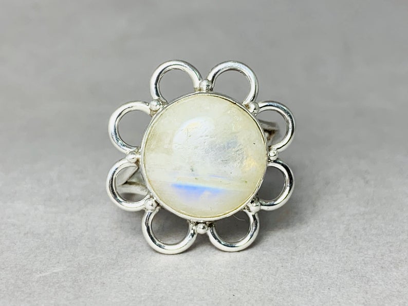 Blauer Feuer runder Mondsteinring 925er Sterlingsilber Geschenk für Sie Versprechensring Mondsteinring Geschenkring