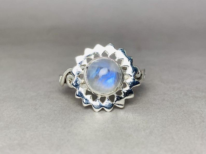 Regenbogenmondsteinring 925 massives Sterlingsilber Blauer Feuer Mondstein Statement runder Edelsteinring Juni Geburtsstein