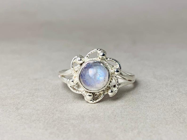 Runder Mondsteinring 925 Silberring Handgemachter Ring Geburtssteinring Silberschmuck Edelsteinring Charm Ring