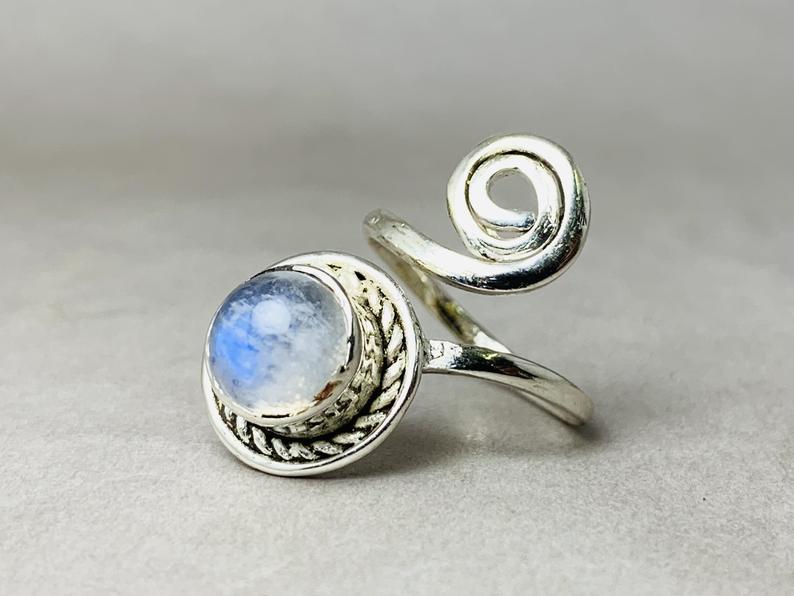 Spiralring Mondsteinring 925er Silber Ring Verstellbarer Ring Schlangenring Wickelring Daumenring Juni Geburtsstein