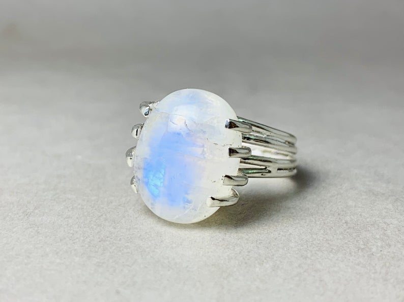 Regenbogen-Mondstein-Ring 925 Silberring Ovaler Mondsteinring Handgefertigter Unikat-Ring Silberschmuck Geschenkring