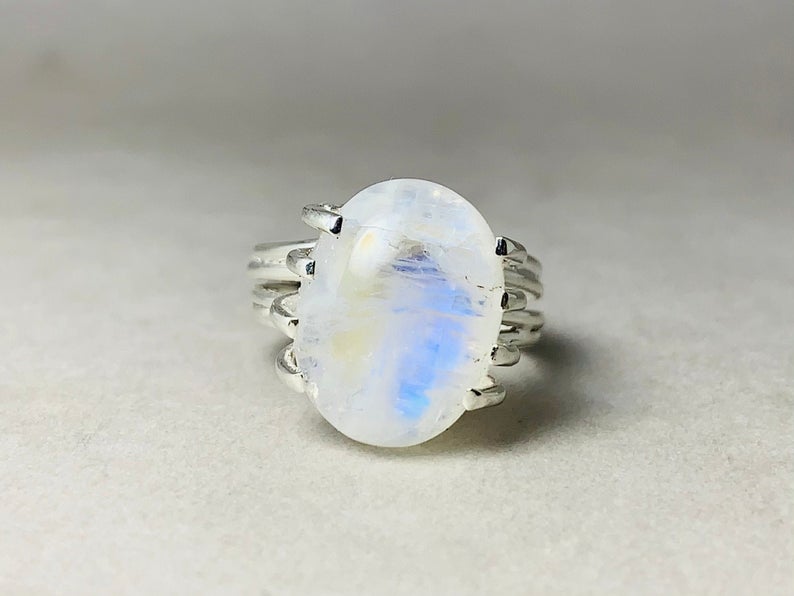 Regenbogen-Mondstein-Ring 925 Silberring Ovaler Mondsteinring Handgefertigter Unikat-Ring Silberschmuck Geschenkring