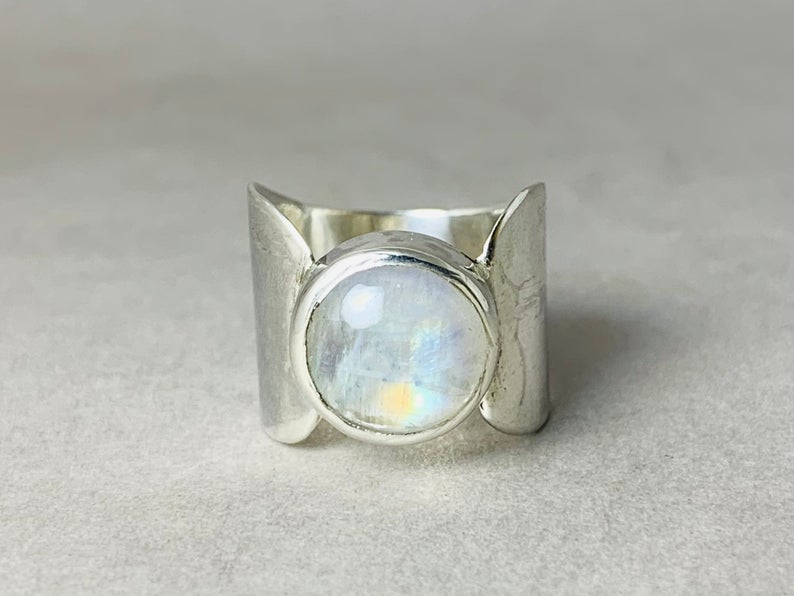 Regenbogen-Mondsteinring 925 Sterling Silber Runder Edelstein Silber Bandring Böhmischer Schmuck Geschenk für sie
