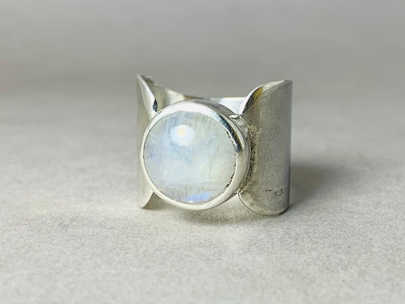 Regenbogen-Mondsteinring 925 Sterling Silber Runder Edelstein Silber Bandring Böhmischer Schmuck Geschenk für sie
