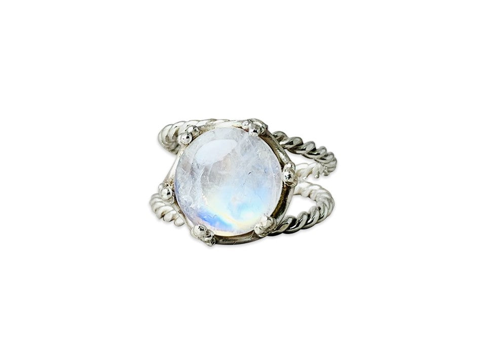 Natürlicher Regenbogen-Mondsteinring Handgefertigt 925 Sterling Silber Runder Mondstein Geschenk für Sie