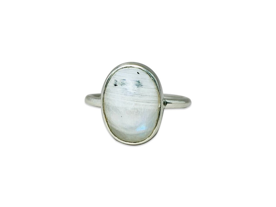 Regenbogen-Mondsteinring 925 Sterling Silber Handgefertigter Juni Geburtsstein Damenring Ovale Form Stein Weißer Stein Schmuck