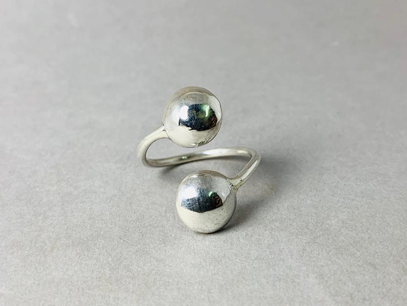 Handgefertigter Doppelring Zwei Kugeln Ring Verstellbarer Ring Offener Ring 925 Sterling Silber Ring