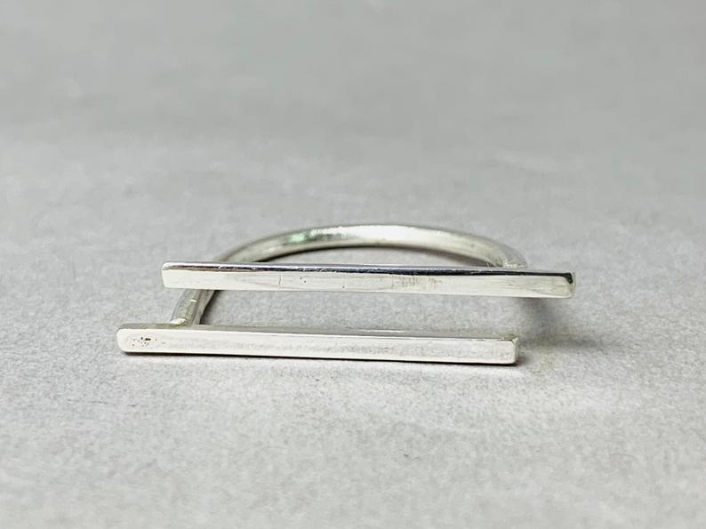 Doppelter Stab Ring Langer Silberner Stab Ring 925 Sterling Silber Zarter Ring Parallel Ring Geometrischer Ring Moderner Ring Geschenkring
