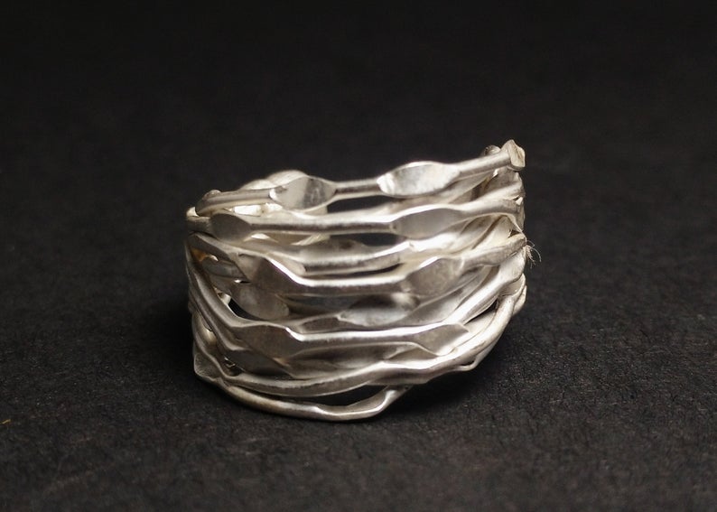 Silberbandring 925er Sterlingsilber Handgemachter verstellbarer Statement-Ring Böhmischer Ring Geschenkring