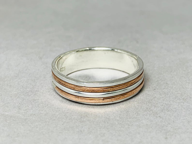 Silberner Bandring 925 Sterling Silber Handgefertigter Ring Silber- und Kupferring Bandring für Frauen Statement Einzigartiger Ring Schmuck für Sie