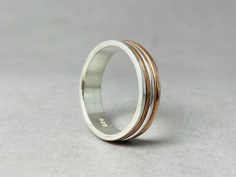 Silberner Bandring 925 Sterling Silber Handgefertigter Ring Silber- und Kupferring Bandring für Frauen Statement Einzigartiger Ring Schmuck für Sie