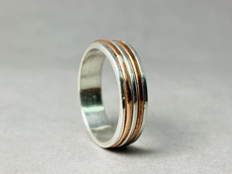 Silberner Bandring 925 Sterling Silber Handgefertigter Ring Silber- und Kupferring Bandring für Frauen Statement Einzigartiger Ring Schmuck für Sie