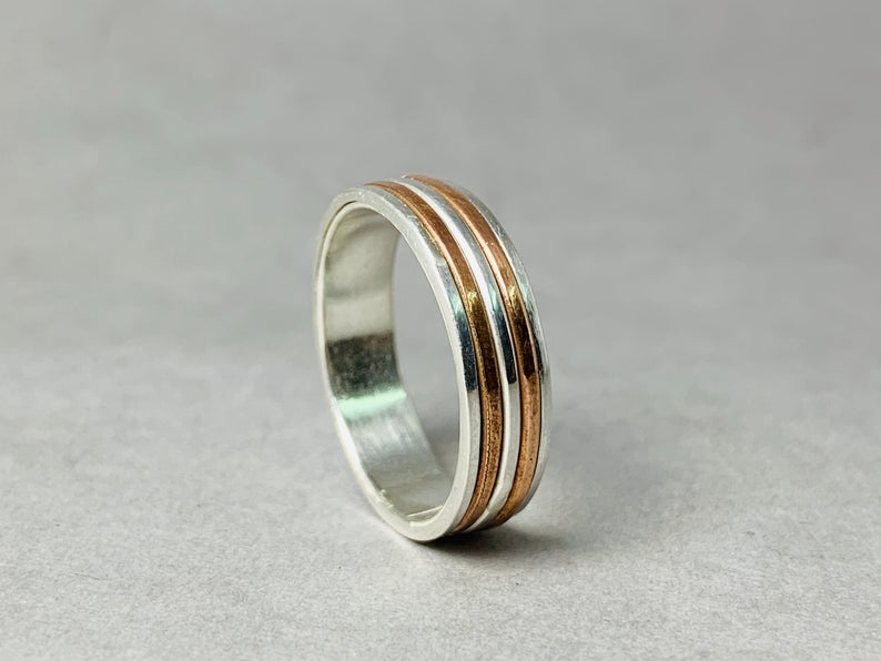 Silberner Bandring 925 Sterling Silber Handgefertigter Ring Silber- und Kupferring Bandring für Frauen Statement Einzigartiger Ring Schmuck für Sie