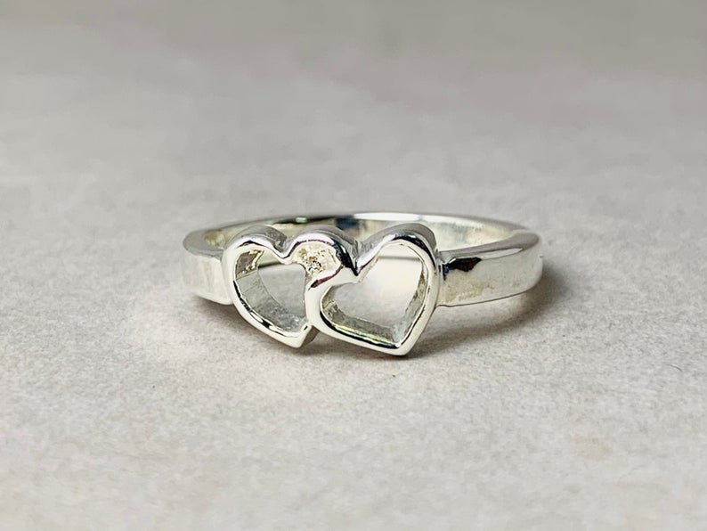 Doppelter Herzring 925 Sterling Silber Chunky Ring mit Herz Versprechensring Geschenk für Sie Geburtstagsgeschenk Boho handgemachter Ring