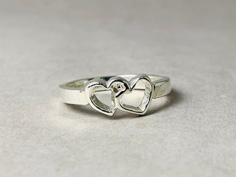 Doppelter Herzring 925 Sterling Silber Chunky Ring mit Herz Versprechensring Geschenk für Sie Geburtstagsgeschenk Boho handgemachter Ring