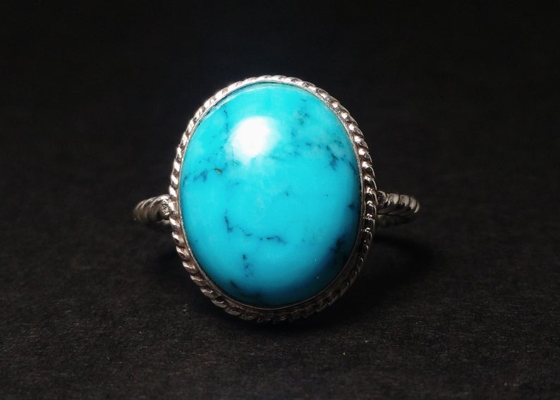 925er Sterling Silber Türkisring Handgefertigter Damenring Böhmischer ovaler Türkisring Blauer Steinring