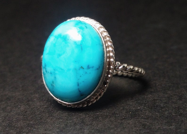 925er Sterling Silber Türkisring Handgefertigter Damenring Böhmischer ovaler Türkisring Blauer Steinring