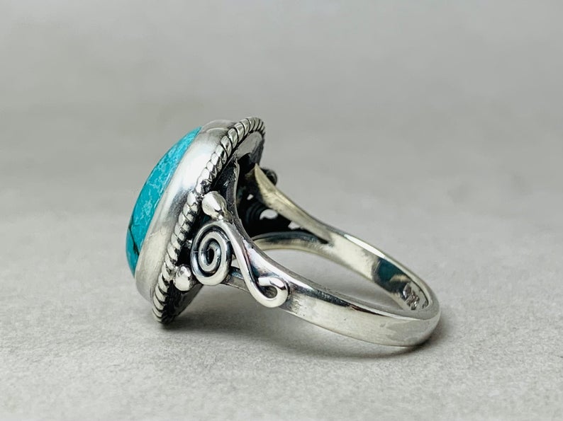 Natur Türkis Ring 925 Sterling Silber Ring Handgefertigter Ring Für Frauen Böhmischer Schmuck Silber Türkis Alltagsring