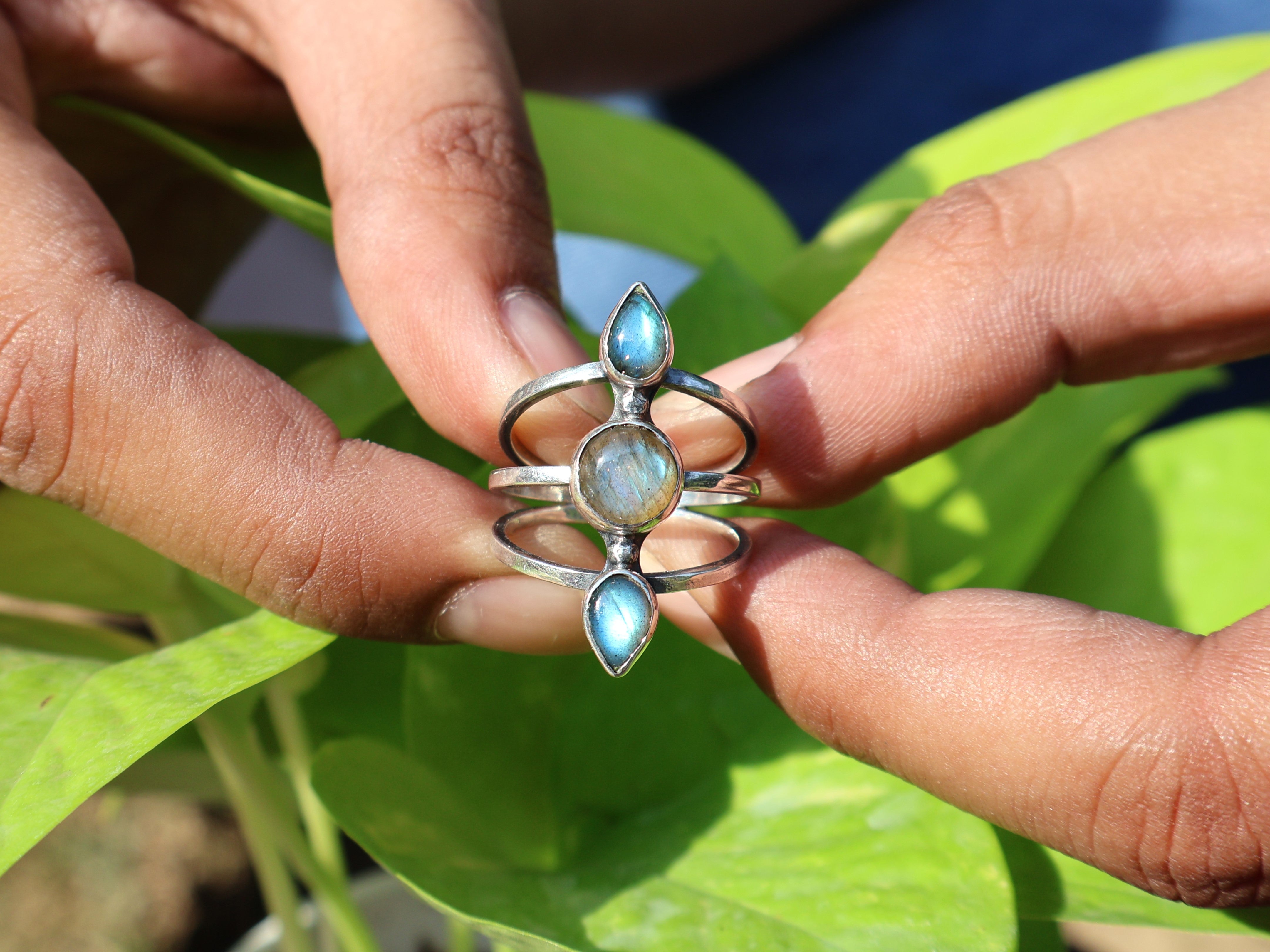 Handgefertigter Ring Labradorit Ring 925 Sterling Silber Multi Edelstein Ring Dreifach Stein Ring Boho Zierlicher Ring Geschenk Für Sie