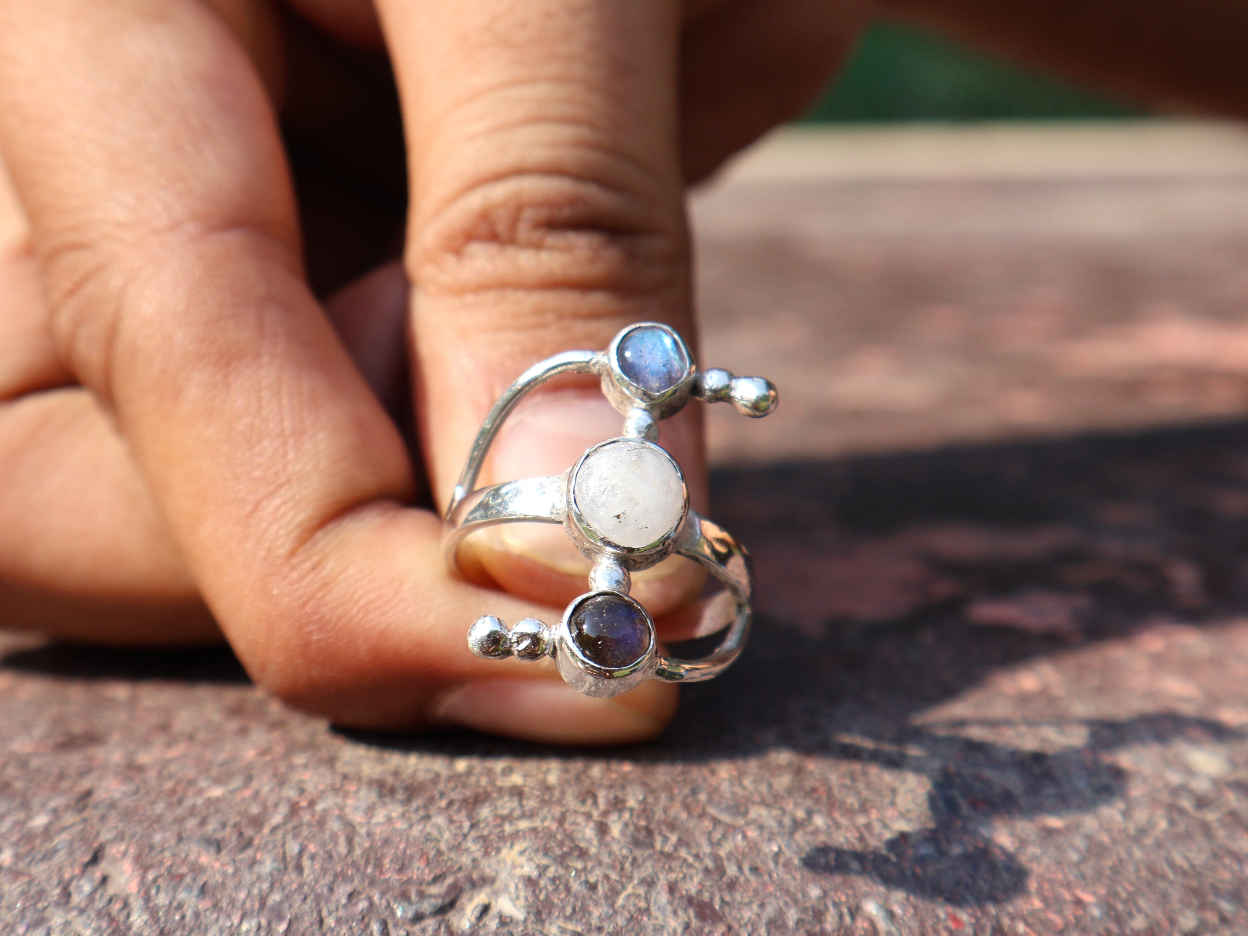 Labradorit und Regenbogen-Mondstein Ring 925 Sterling Silber Ring Handgefertigter Statement-Ring Doppelsteinring Geschenk für Sie