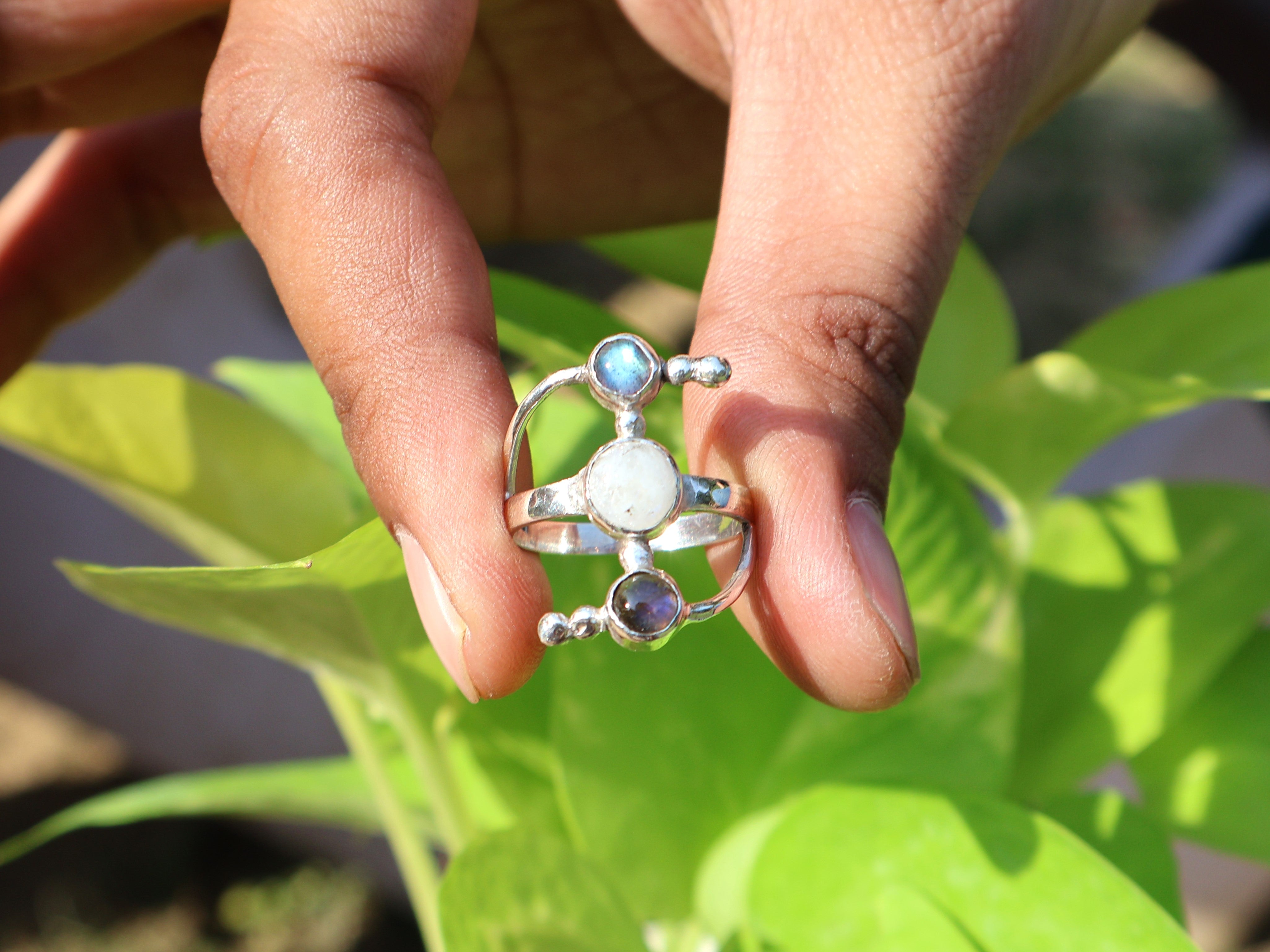 Labradorit und Regenbogen-Mondstein Ring 925 Sterling Silber Ring Handgefertigter Statement-Ring Doppelsteinring Geschenk für Sie