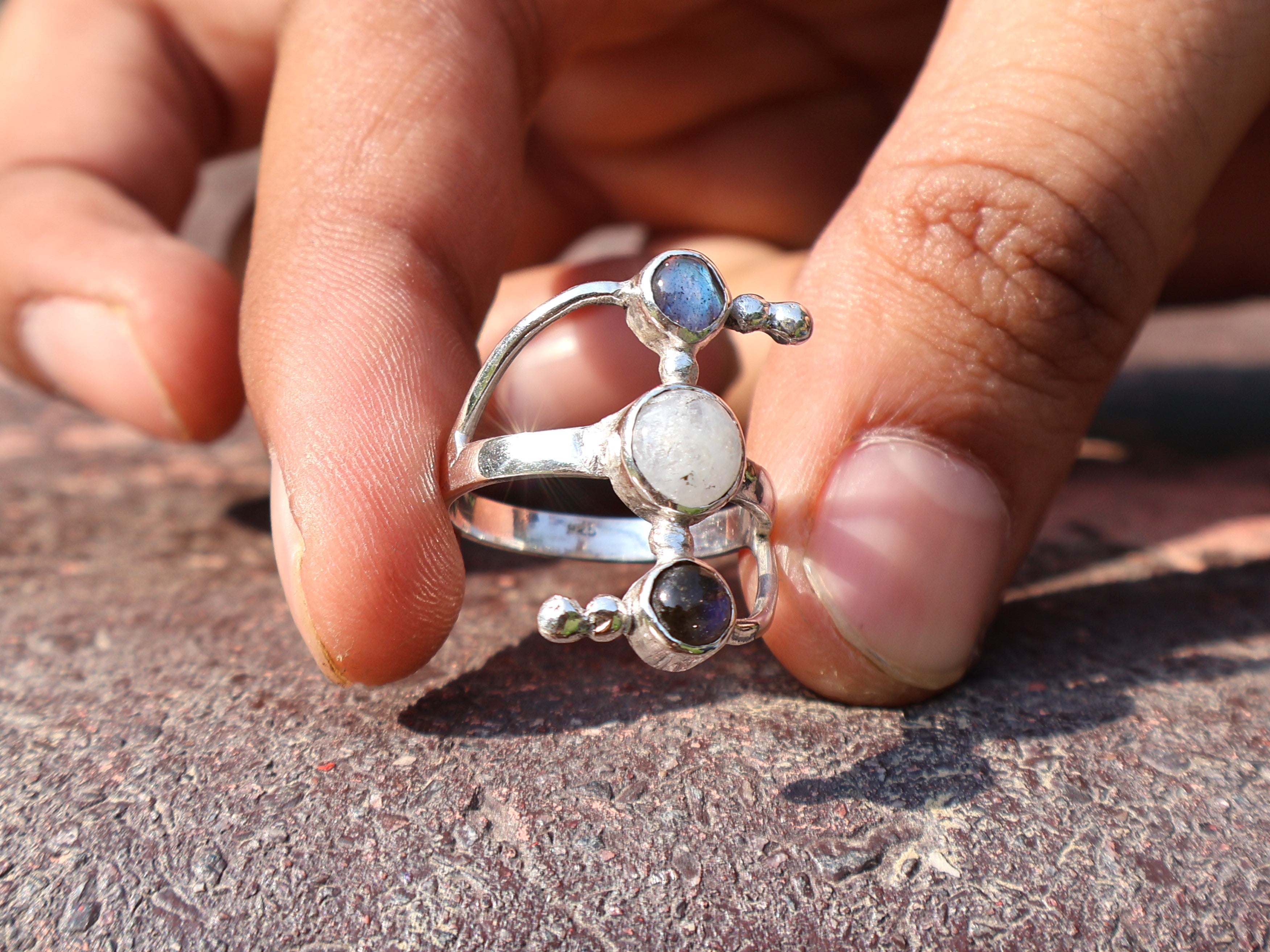 Labradorit und Regenbogen-Mondstein Ring 925 Sterling Silber Ring Handgefertigter Statement-Ring Doppelsteinring Geschenk für Sie