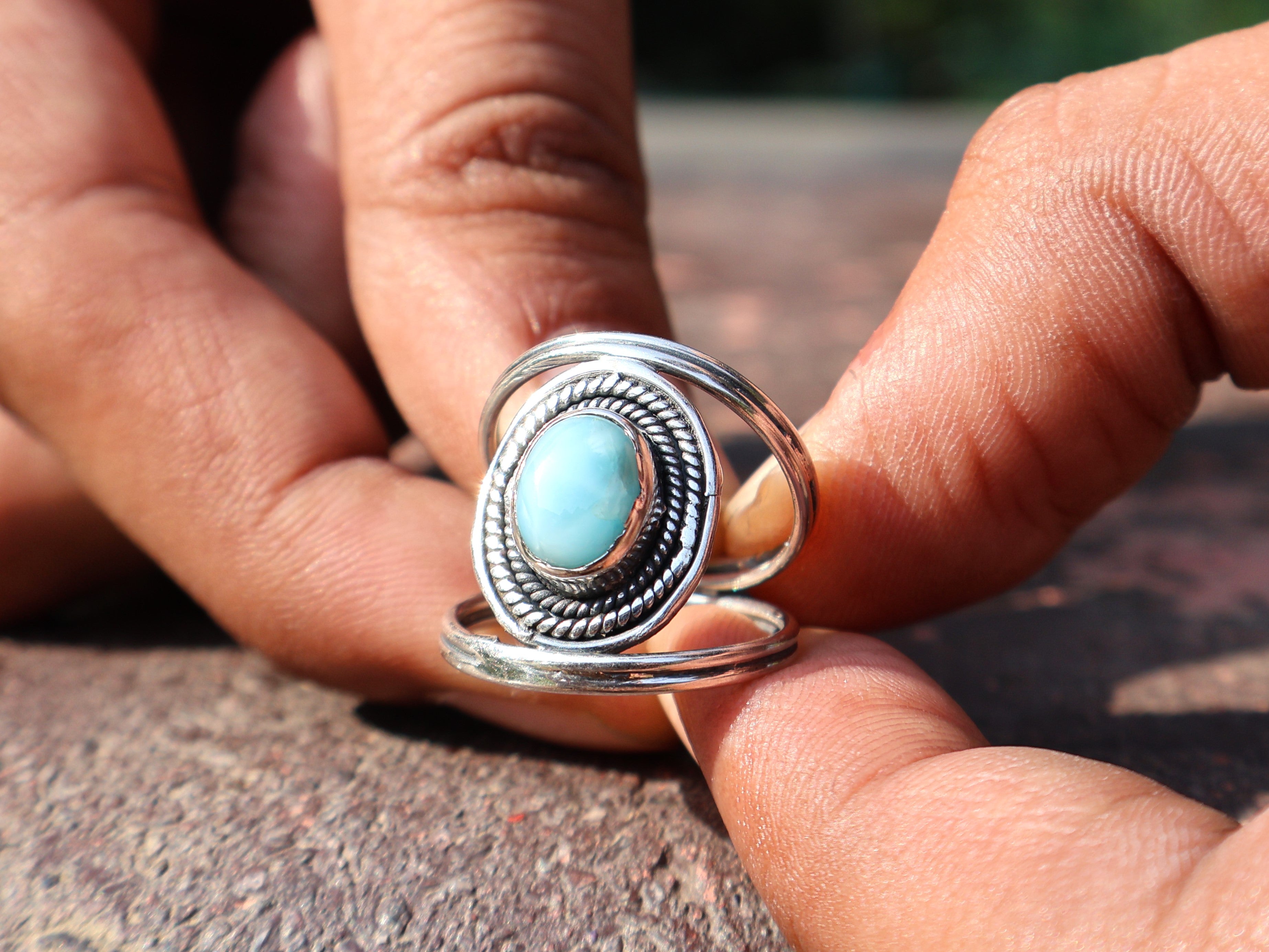 Echter Larimar-Ring, 925er Silberring, zierlicher Ring, ovaler Edelsteinring, Damenring, Geschenk für Sie
