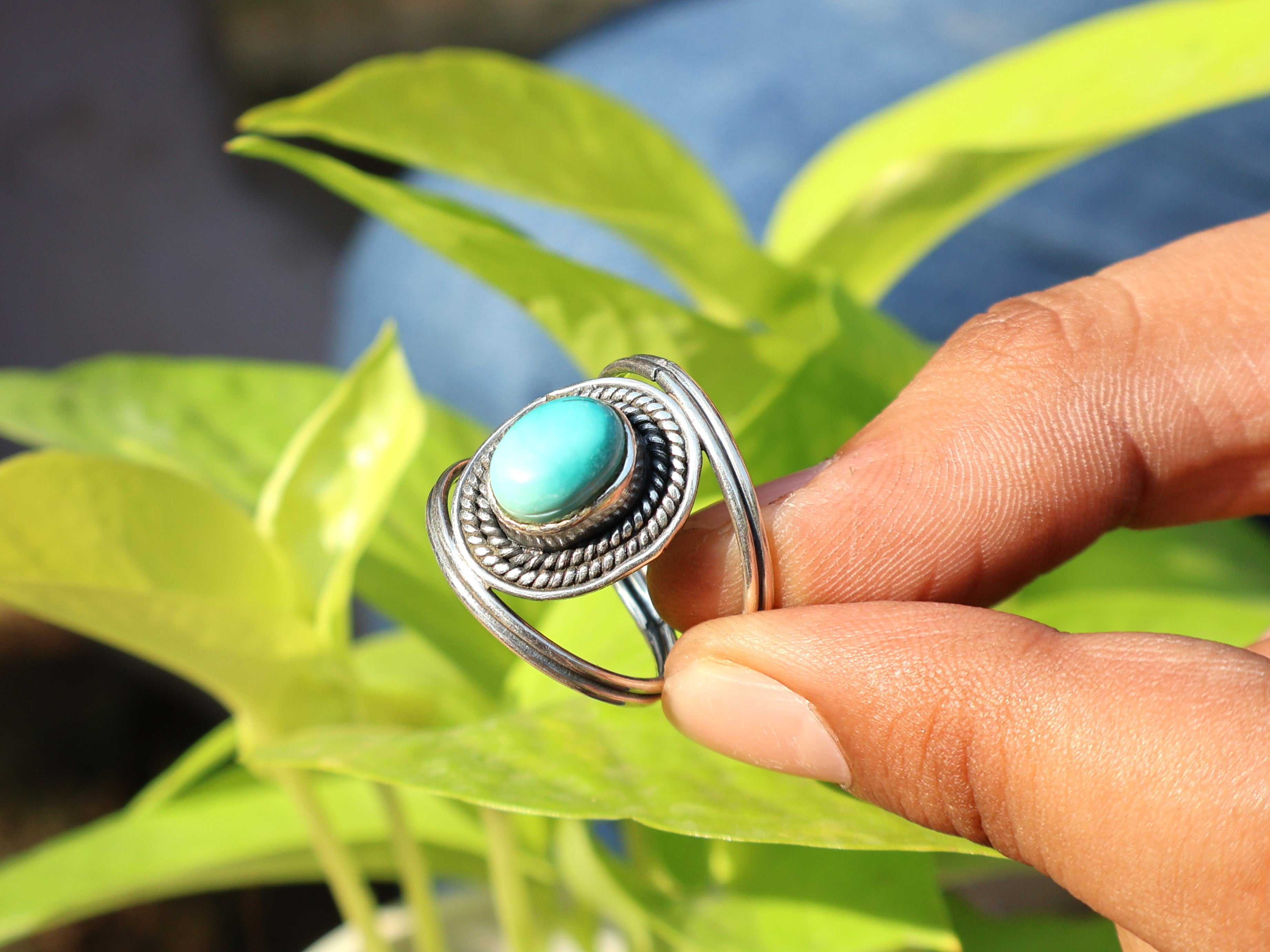 Echter Türkis Ring Handgemachter Damen Ring 925 Sterling Silber Ring Böhmischer Ovaler Edelstein Ring Blauer Stein Ring