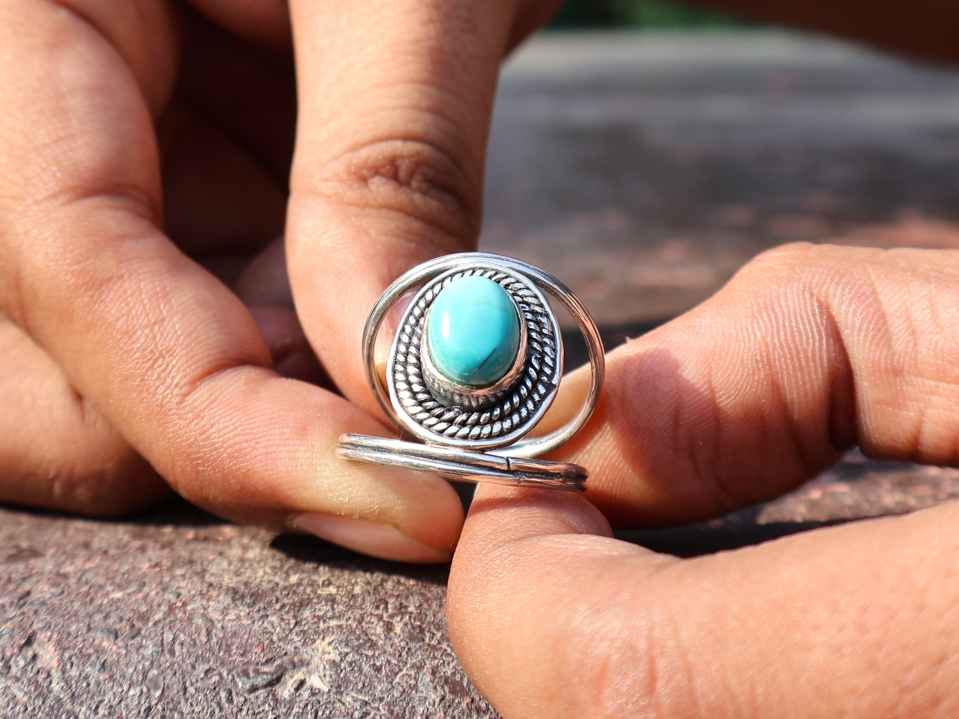 Echter Türkis Ring Handgemachter Damen Ring 925 Sterling Silber Ring Böhmischer Ovaler Edelstein Ring Blauer Stein Ring