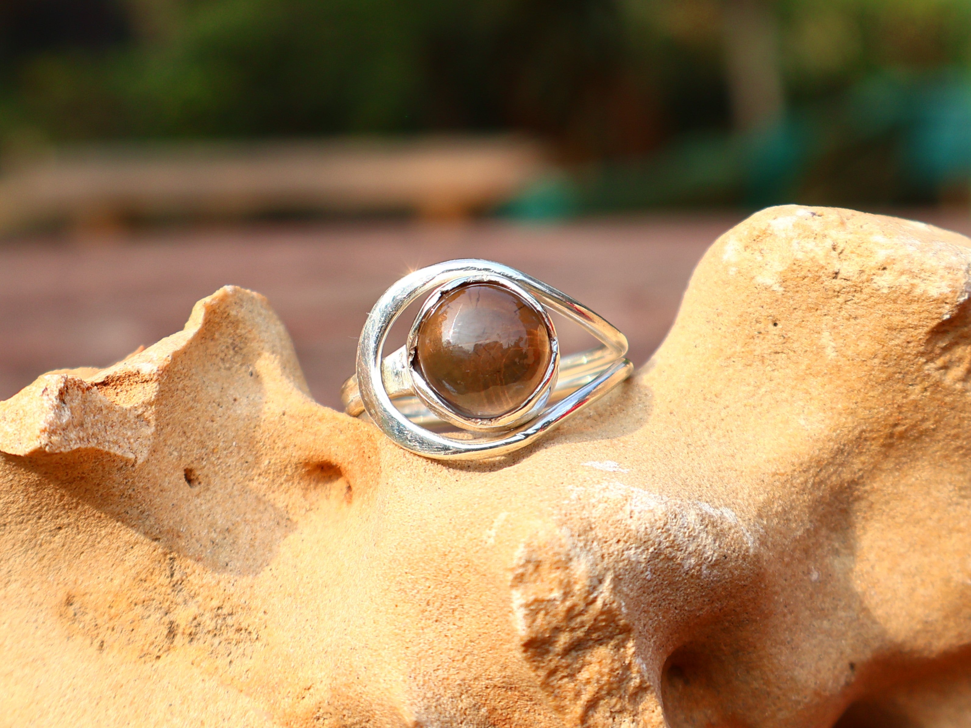 Rauchquarz runder Edelsteinring 925 Sterling Silber Ring handgemachter Ring Statement Ring brauner Edelsteinring Versprechensring