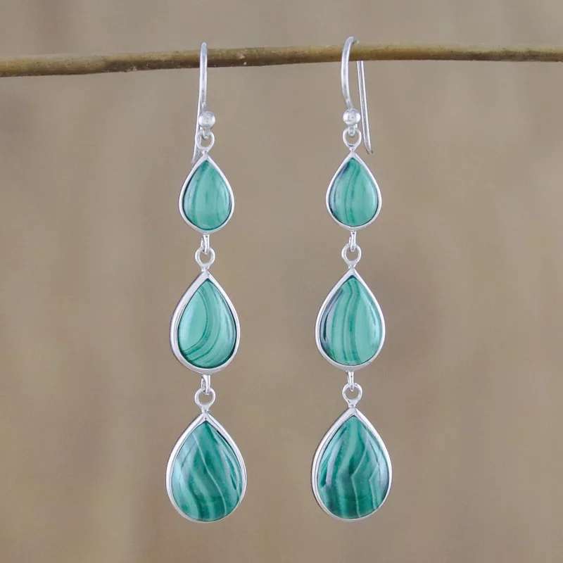 925 Sterling Silber und birnenförmiger Edelstein Malachit Ohrhänger Handgemacht Damen Minimalistische Ohrringe Geschenkidee Schmuckgeschenk für Sie