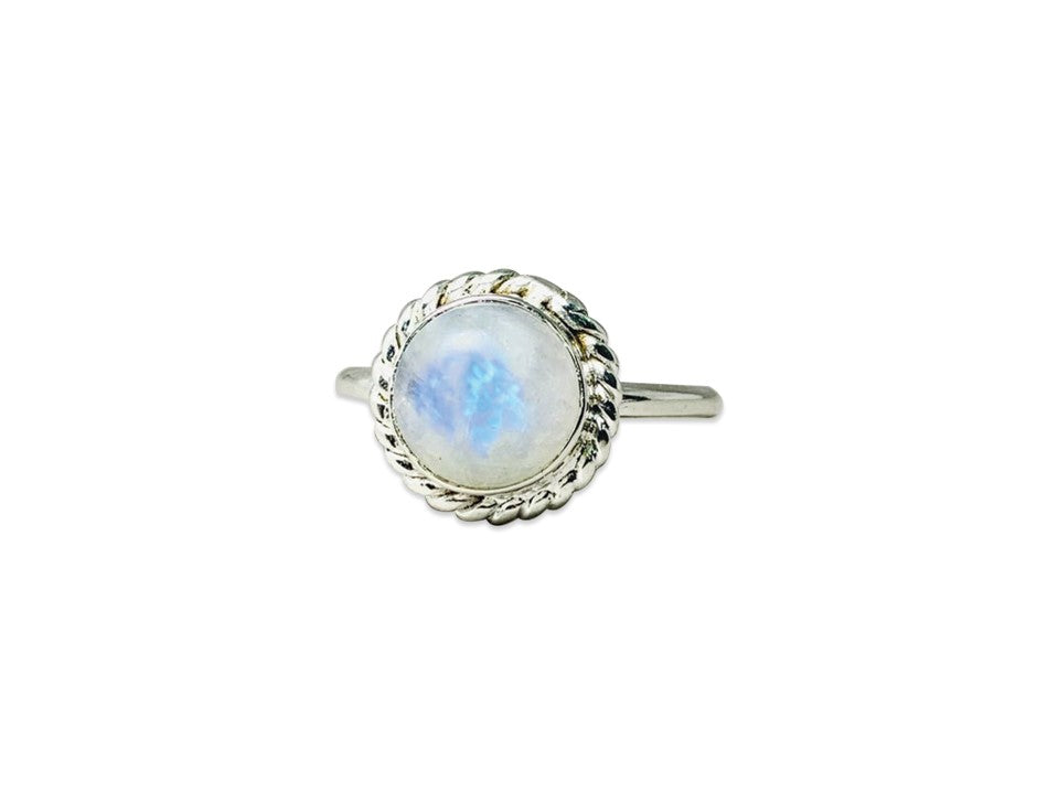 Natürlicher Regenbogen-Mondstein-Ring 925er Sterlingsilber Blauer Feuer-Mondstein Runder Stein Handgemachtes Geschenk für Sie